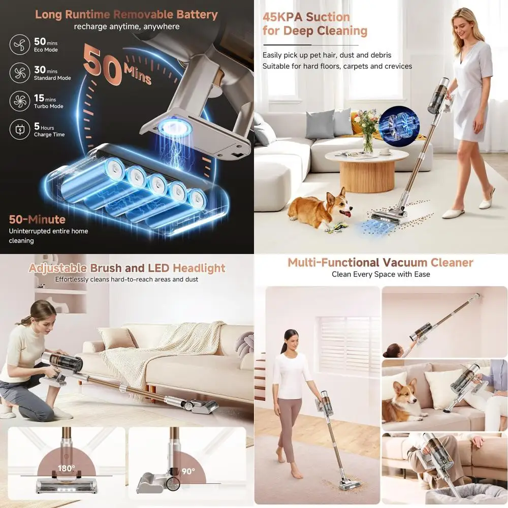 

Powerful 550W 45KPA Cordless Stick Vacuum Cleaner, Lightweight 6-in-1, Anti-Tangle Brush, Ideal for Pet Hair, Carpets, Hard Floo