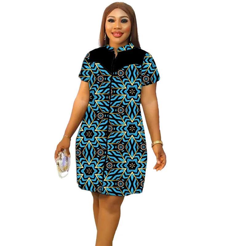 African Clothes Stand Collar Dress Zipper Original Design Patchwork Tailor Made Women\'s Dresses Colorful Print Party Wear
