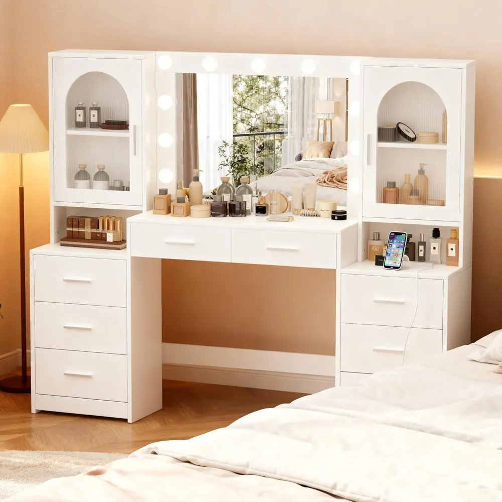 

62 large dressing table with mirror, light, and power outlet, 10 drawer makeup dressing table, open shelf, bedroom