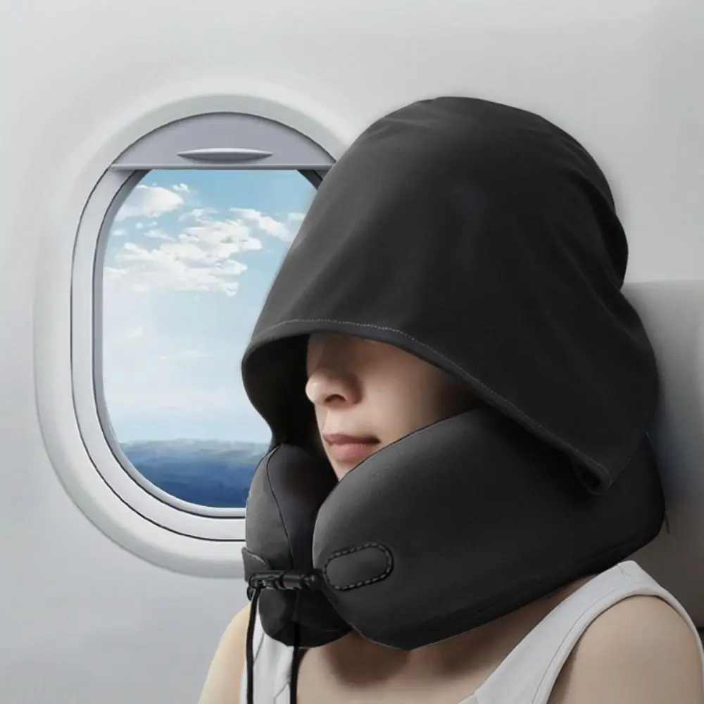 Portable U-Shape Hooded Travel Pillow with Hoodie Noon Break Airplane Pillow Soft Neck Sleeping Cushion Car Office