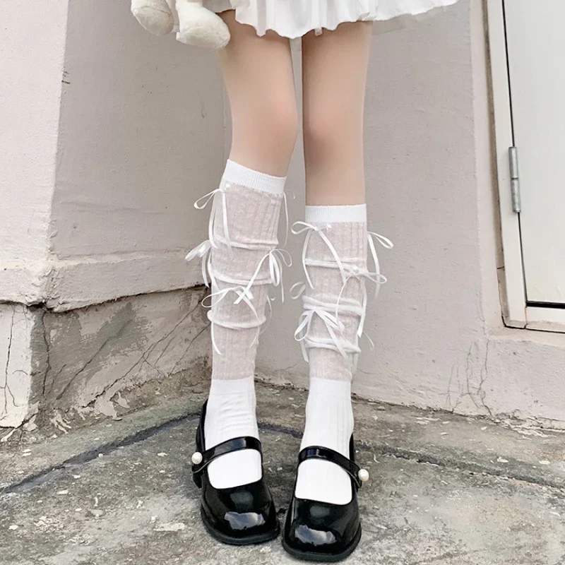 Mulheres jk lolita kawaii bowknot branco preto joelho alta meias longas malha fina coxa meias altas estilo japonês meias escolares