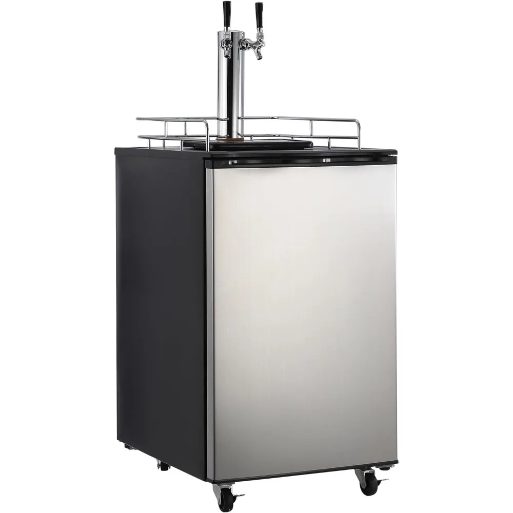 

Beer Kegerator, Dual Tap Draft Beer Dispenser, Full Size Kegerator and Keg Beer Cooler With Shelves & Drip Tray & 4 Casters,