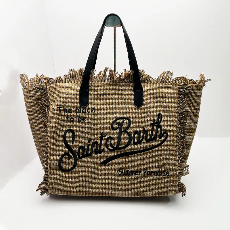 Saint Barth Tote Bag Bart's Europe United States Retro New Women's Large capacity Casual Daily Striped Plaid Tassel Handbag