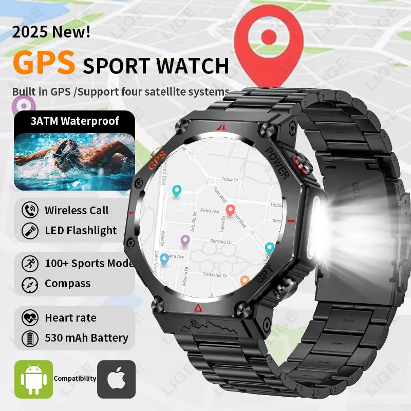

LIGE 2026 GPS Smart Watch For Men Gift 3ATM Waterproof Built-in Dual-band Strong Flashlight Military 100+ Sport Mode Smart Watch
