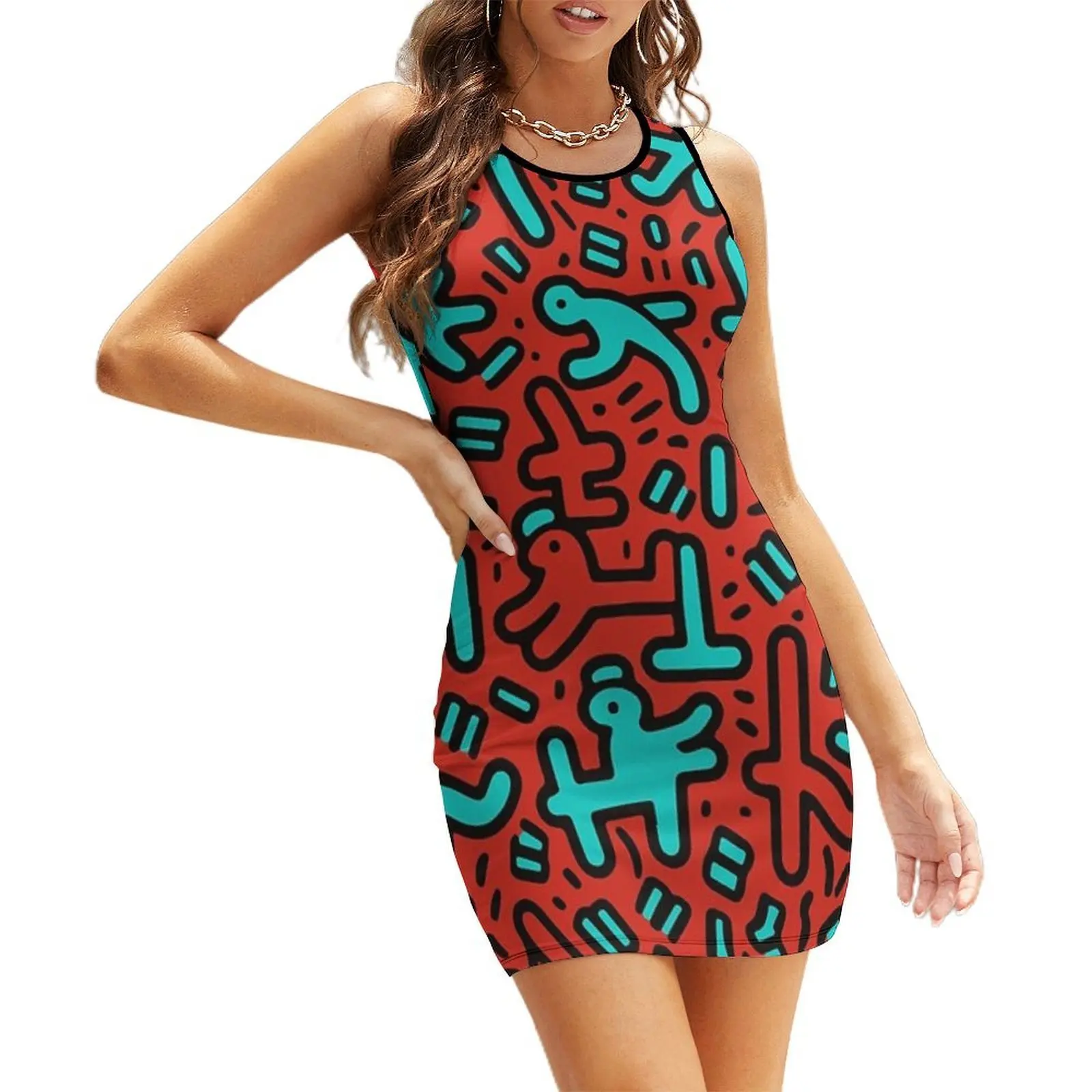 

Haring-inspired Doodles Art Print Sleeveless Sundress Beachwear women's fashion dresses summer clothes women's summer dress 2025