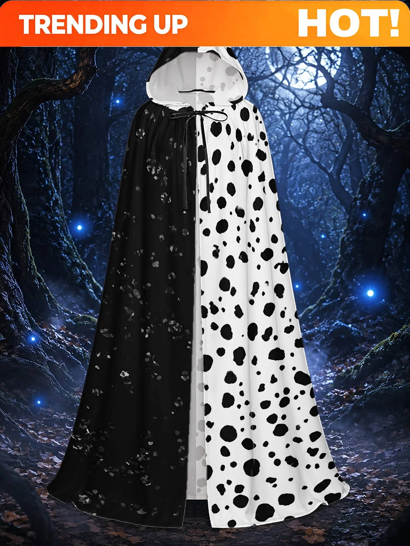 Customization 1pc Polyester Hooded Cloak With Black And White Dot Contrast Pattern, Adult Costume Cape For Halloween Cosplay And