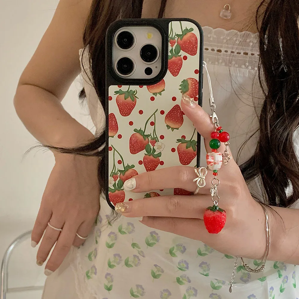 Korean style Cute Wave point  Strawberry Wrist Chain Case For iPhone15 14 Pro Max 13 12 ProMax Hand Strap Acrylic Back Cover