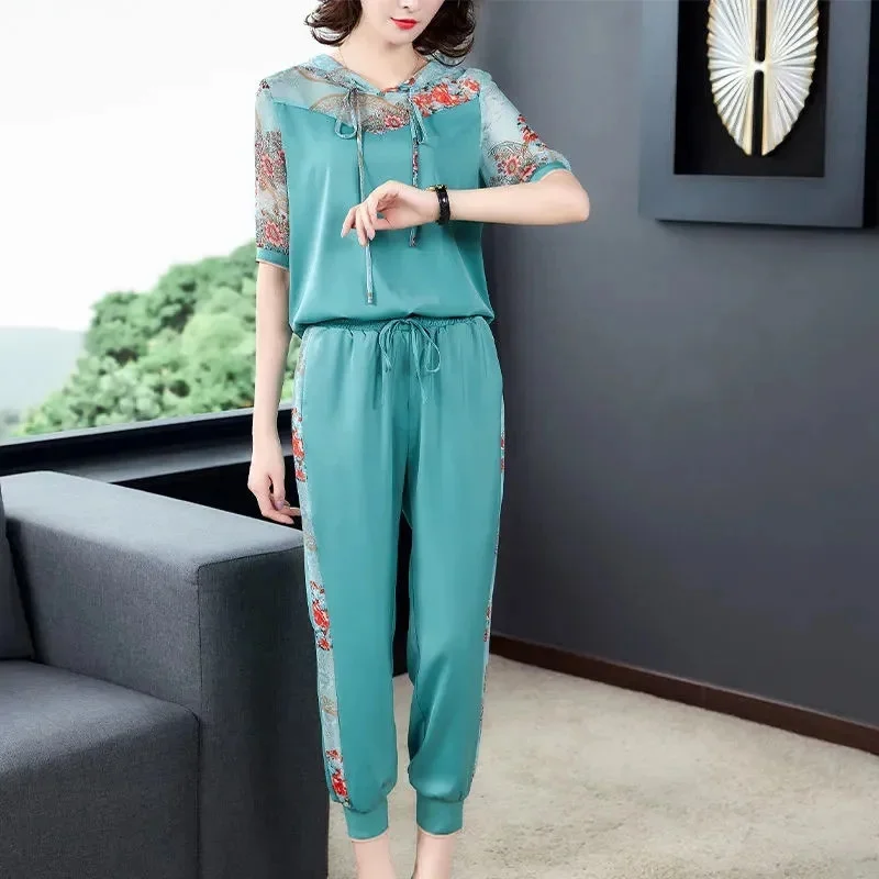 Large Size Suit Women 2024 New Summer Set High-End Leisure 2PCS Female Two-Piece Harem Pants Middle-Aged Elderly Mother\'s Outfit