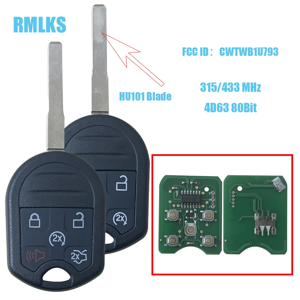 

Remote Car Key Fob 4/5 Button 315MHz 4D63 80bit Chip HU101 Blade for Ford Fiesta Escape Focus C-Max Transit Connect