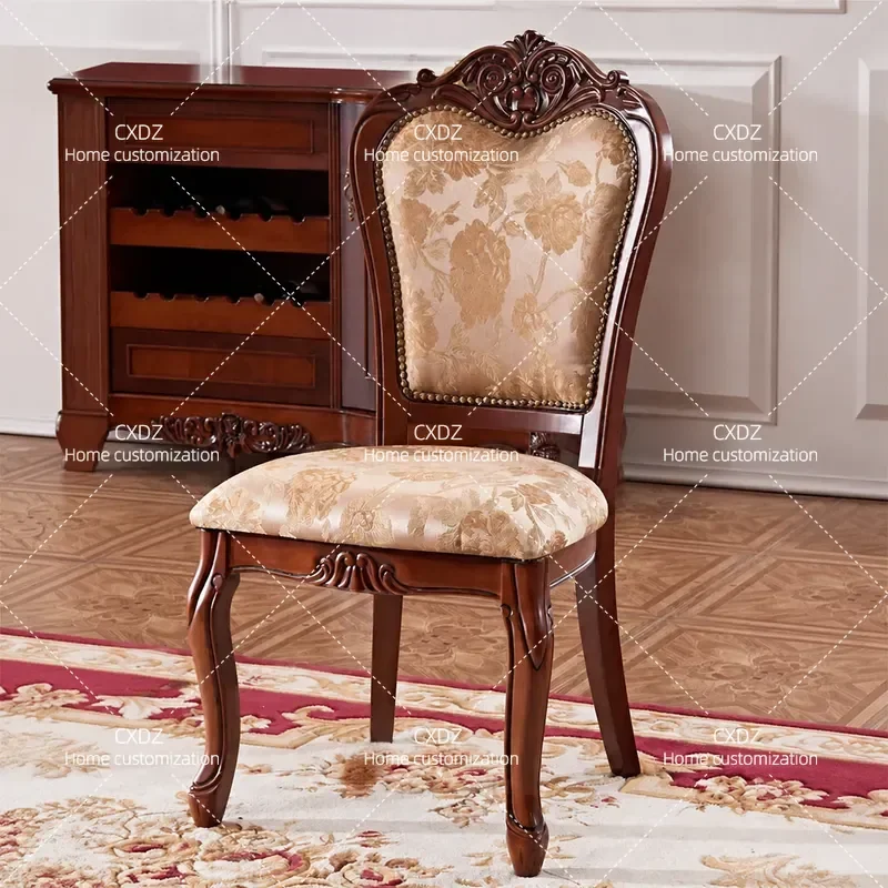 European Solid Wood Dining Chair Carved Back Living Room Fabric Seat Cushion Retro Furniture Photography Negotiation Chair