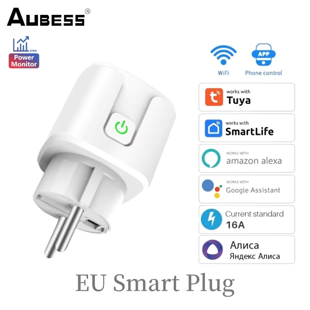 1-5PCS Aubess Tuya 16A WIFI Smart Socket With Power Monitor SmartLife Wireless Remote Timer Plug Support Alexa Google Alice