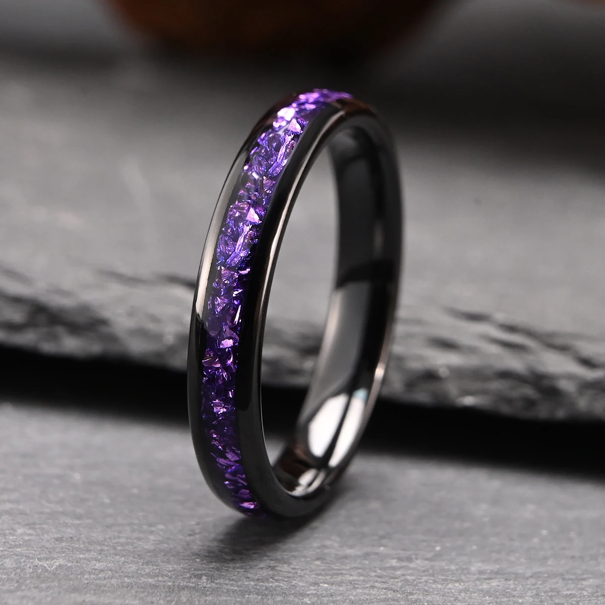 8MM/4MM Black Tungsten Carbide Rings Couple Wedding Bands Fashion Jewelry Men's Women's Engagement Rings Amethyst Promise Ring