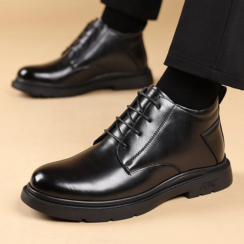 Lace Up Winter Snow Boots Men's High Top Leather Casual Dress Shoes Warm Thermal Insulated Fur Lined Ankle Boots Outdoor Man