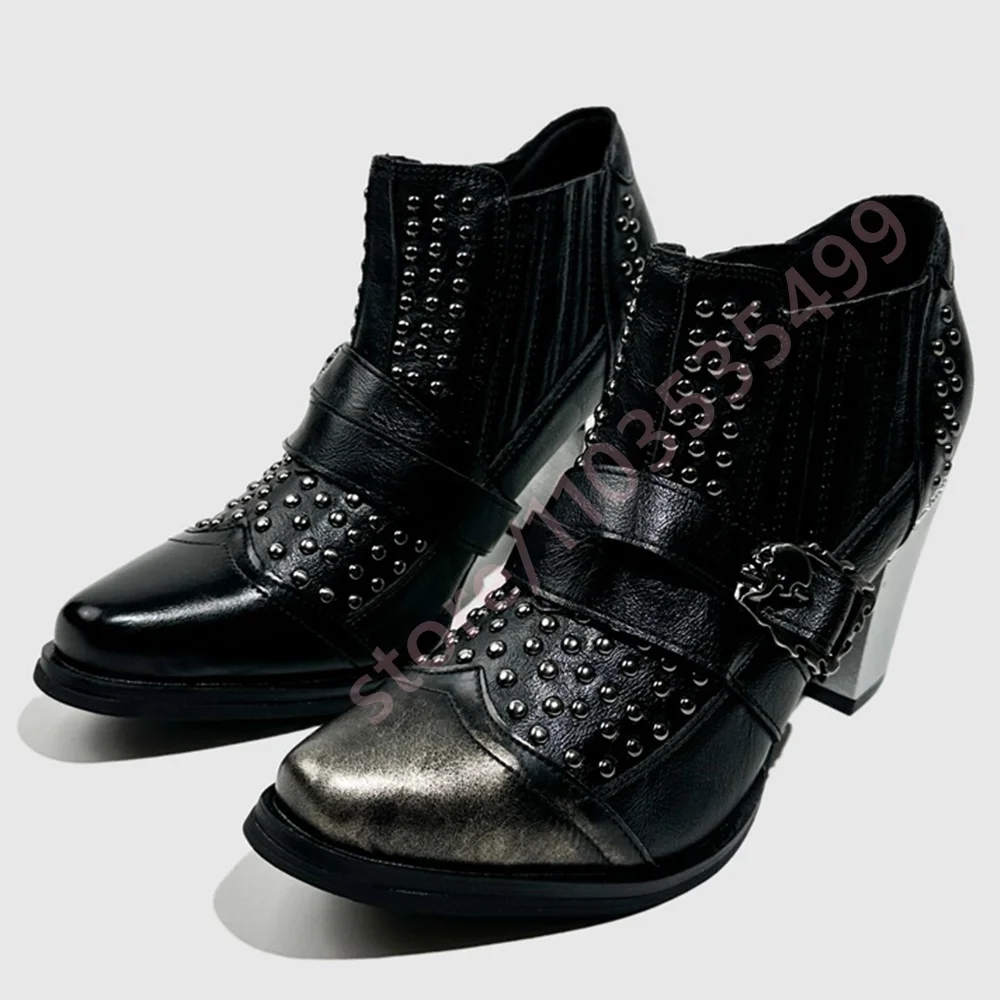 

Black Belt Buckle Women's Chelsea Shoes 2025 Autumn Pointed Toe Party Chunky Heel Pumps Street Retro Slip-On Casual Shoes