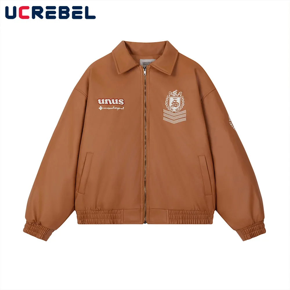 Chaqueta acolchada de cuero PU con bordado Retro para hombre, ropa de abrigo gruesa holgada de manga larga con solapa de invierno para calle alta