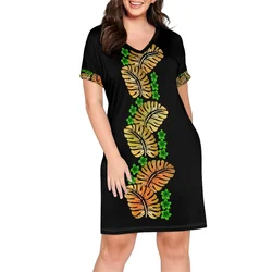 Women Summer Dress 2023 Polynesian Traditional Tribal Clothes Island Hawaii Tropical Flowers Printed V-neck Short Sleeves Black