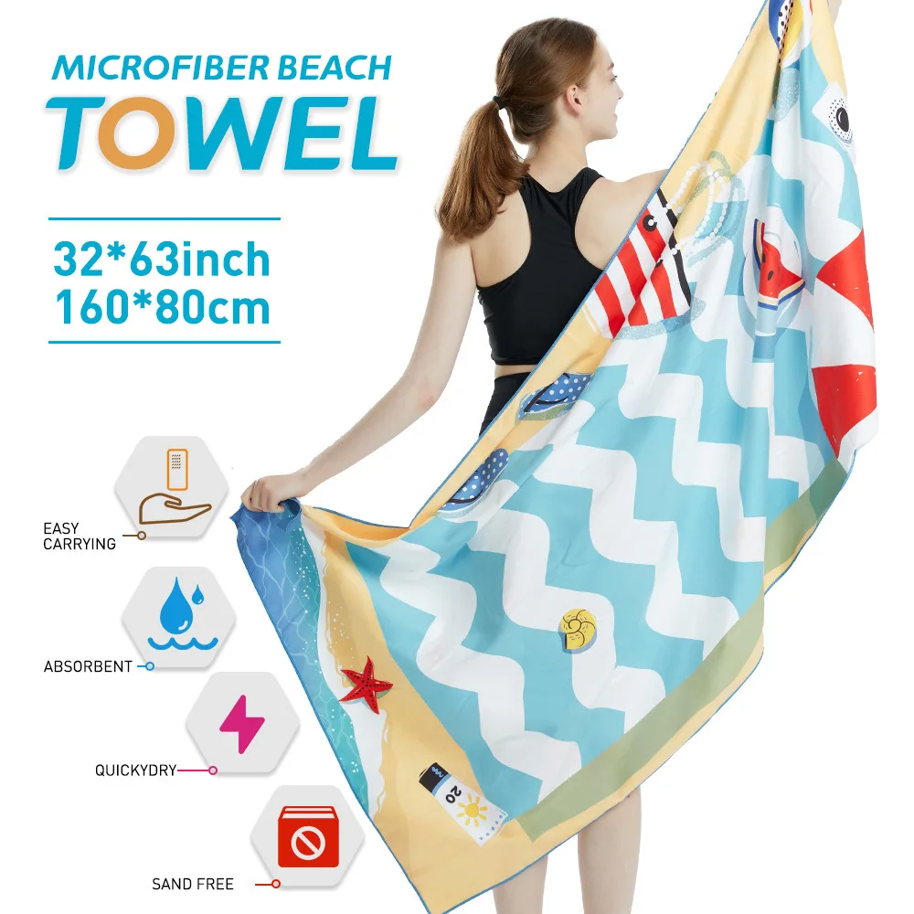 Microfiber Bath Towel Swimming Sport Print Quick Dry Sandless Beach Blanket Soft Comfortable for Men Women Camping Pool Towel