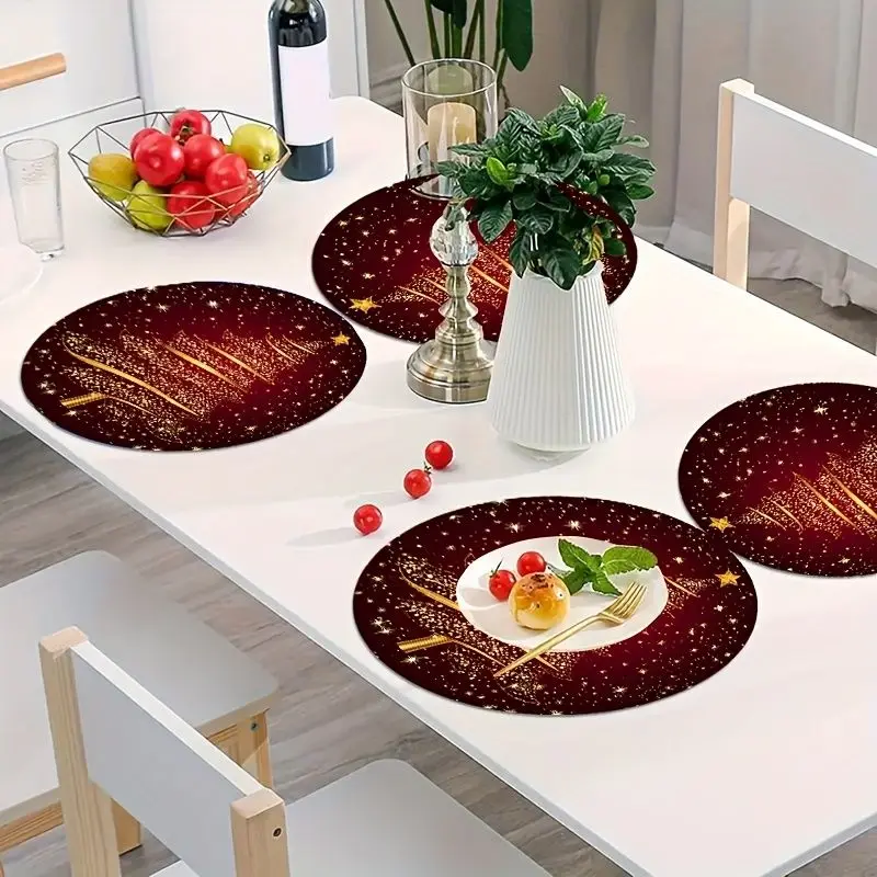 VIKAMA Burgundy Golden Holiday Tree Round Placemat Deep Crimson Backdrop Glitter Pine Star Sparkle Luxury Xmas Table Mat Rustic