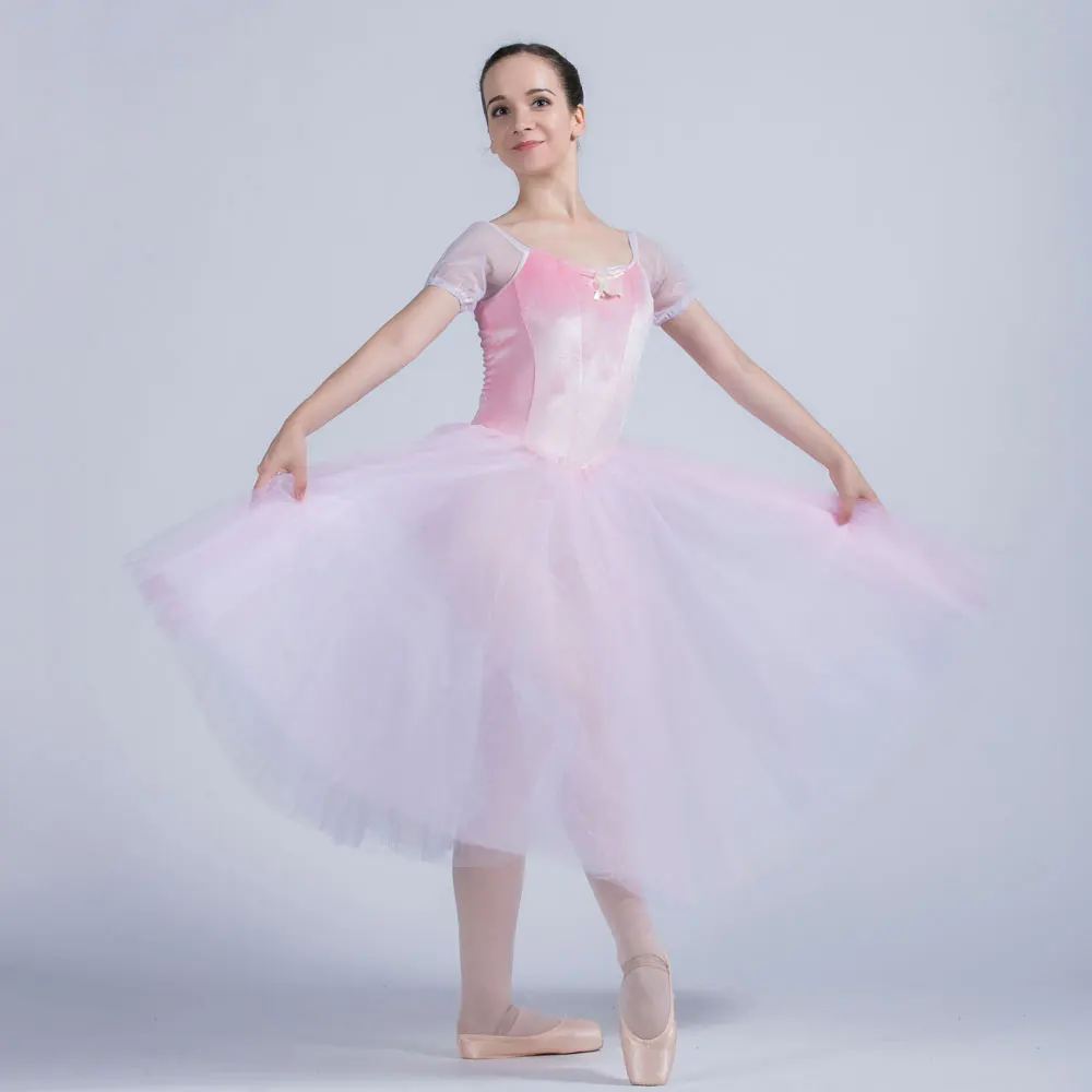 

19844 Puff Sleeve Pale Pink Stretch Velvet Bodice with Attahced Long Tutu Romantic Tutu Skirt for Girls & Women Ballet Dancewear