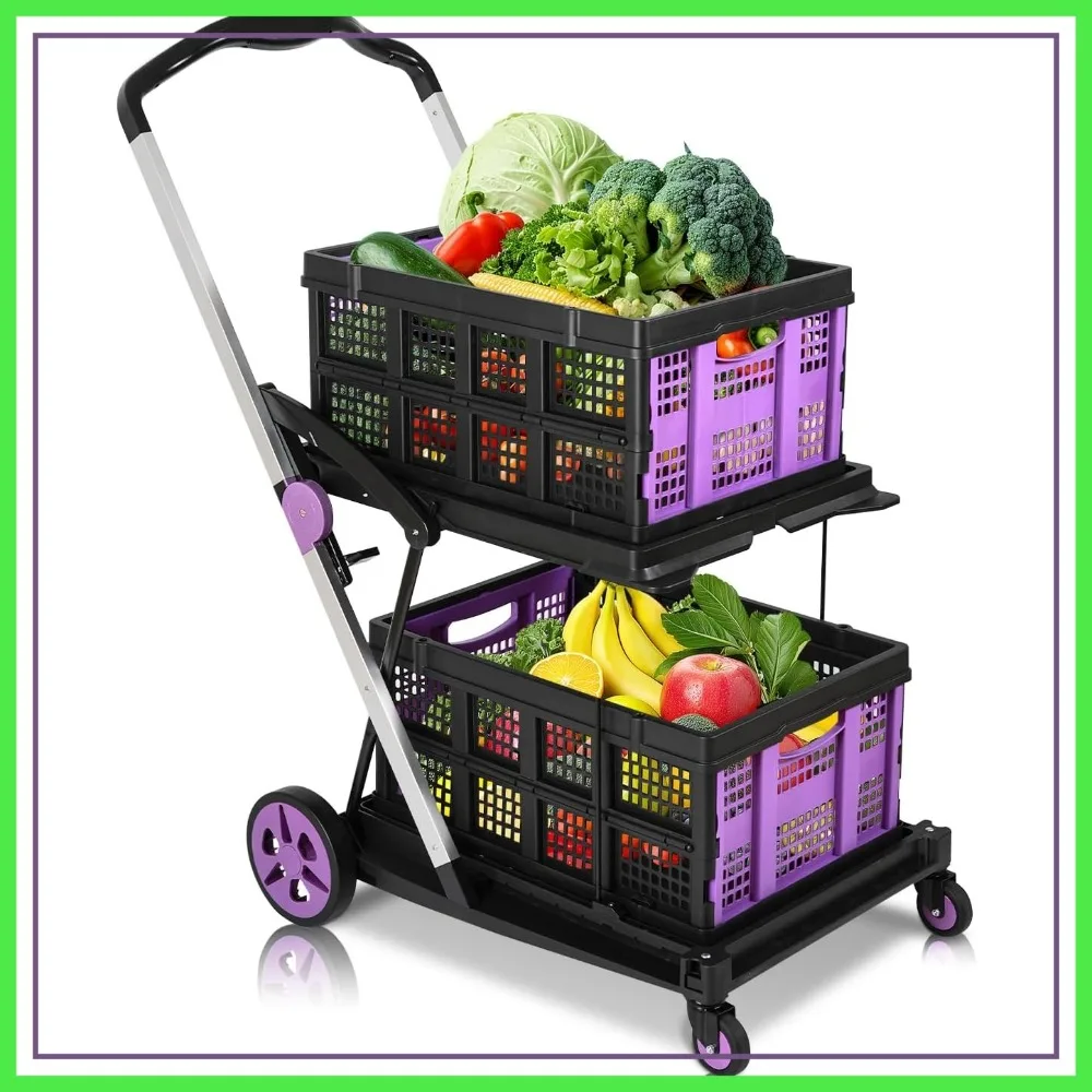 

Collapsible Shopping Cart on Wheels, Folding Utility Trolley with 360° Swivel Wheels and 2 Storage Crates, Purple for Picnic & Supermarket