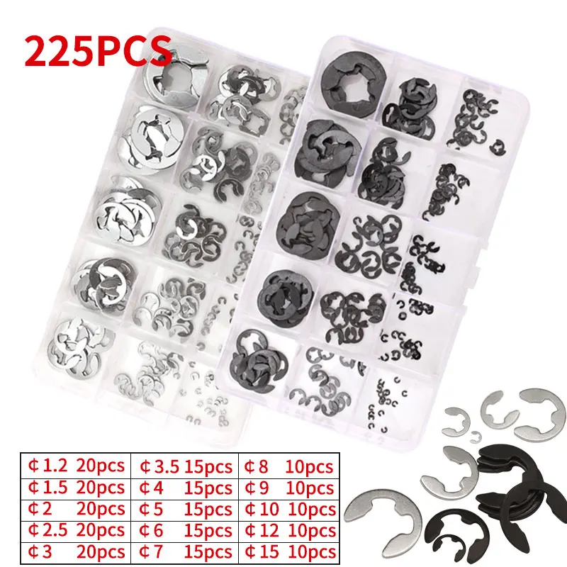 

225 Pcs/Set Assortment Kit 10 Sizes 1.2-15mm Black or Stainless Steel Shaft External Retaining Ring E Snap Ring Washer