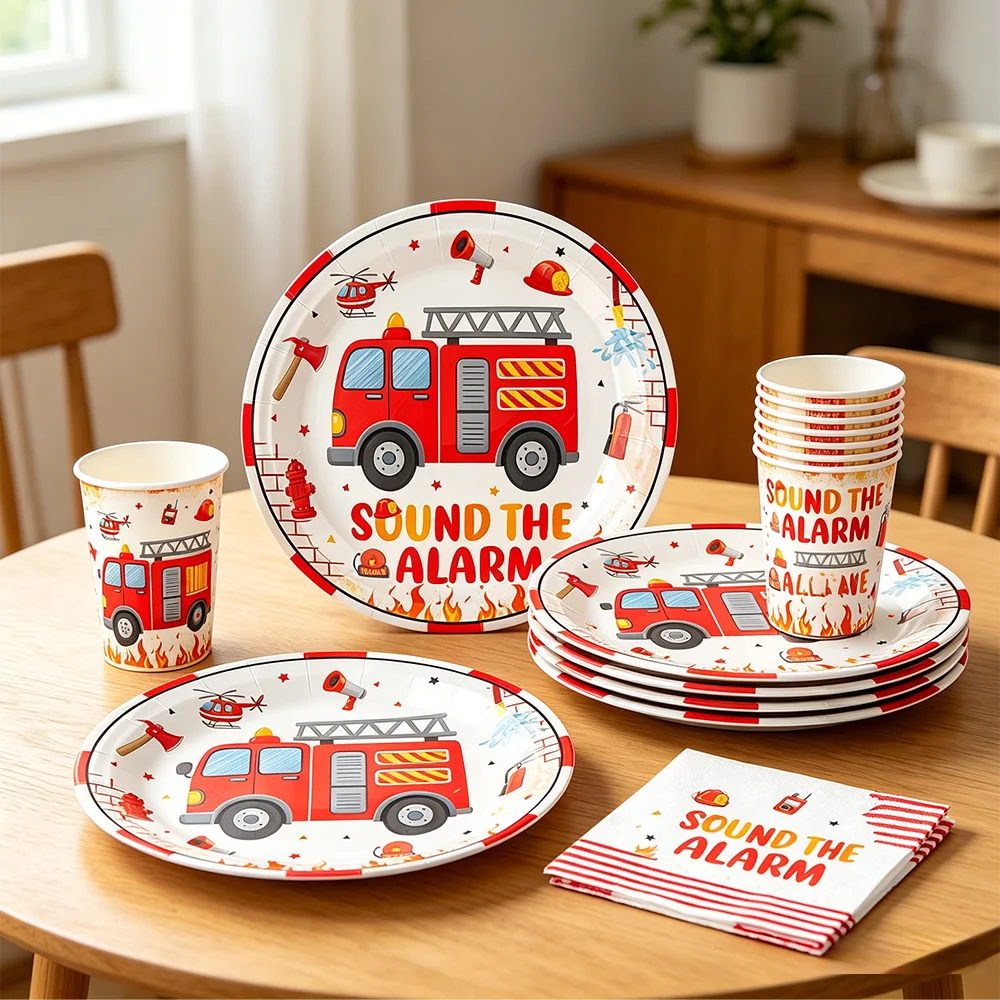 Fireman Party Tableware Plates Cups Napkin decor fireman Fire Engine Balloon decor Firefighter Birthday Party Decoration banner