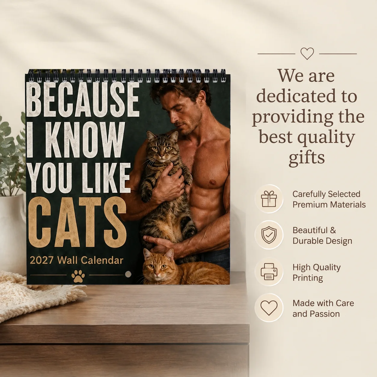 1pc 2027 Wall Calendar December Hanging Spiral Calendar Featuring Handsome Men And Cats Ideal Gift Holidays for Cat Lovers