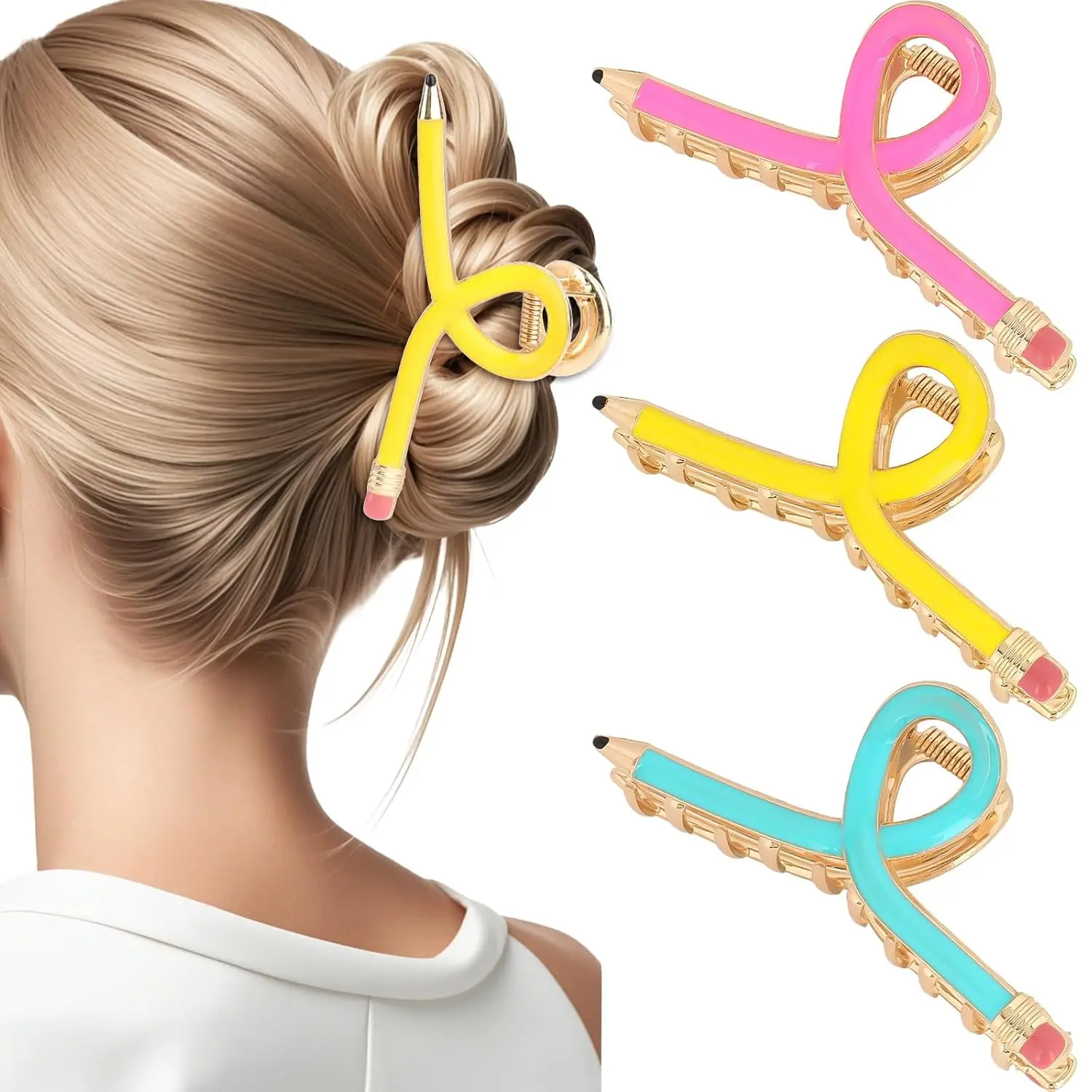 Pinces à cheveux crayon pour femmes, pinces à cheveux pour enseignant de rentrée scolaire, pinces à griffes en forme de crayon rose pour cheveux épais ou fins, 1 pièce/3 pièces