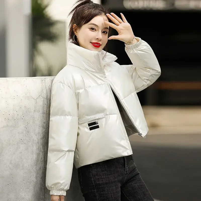 Cropped Down Jacket para Women, Cotton Coat, Long Sleeve, White, Black Outerwear, Thick Jackets, Warm, Korean Chic, Winter, New