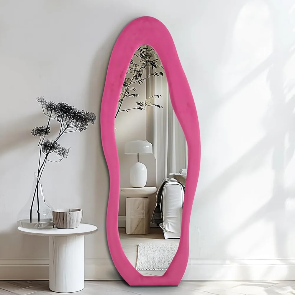 

Full Length Mirror 63"x24" Irregular Full Body Wall Mounted Floor Mirror with Stand Pink Flannel Frame Leaning Hanging Wall Mirr