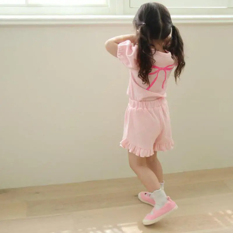 

Summer New Children Casual Waffle Set Girls Puff Sleeve Bow Tops + Cute Lace Shorts 2pcs Suit Kids Girls Sweet Princess Outfits