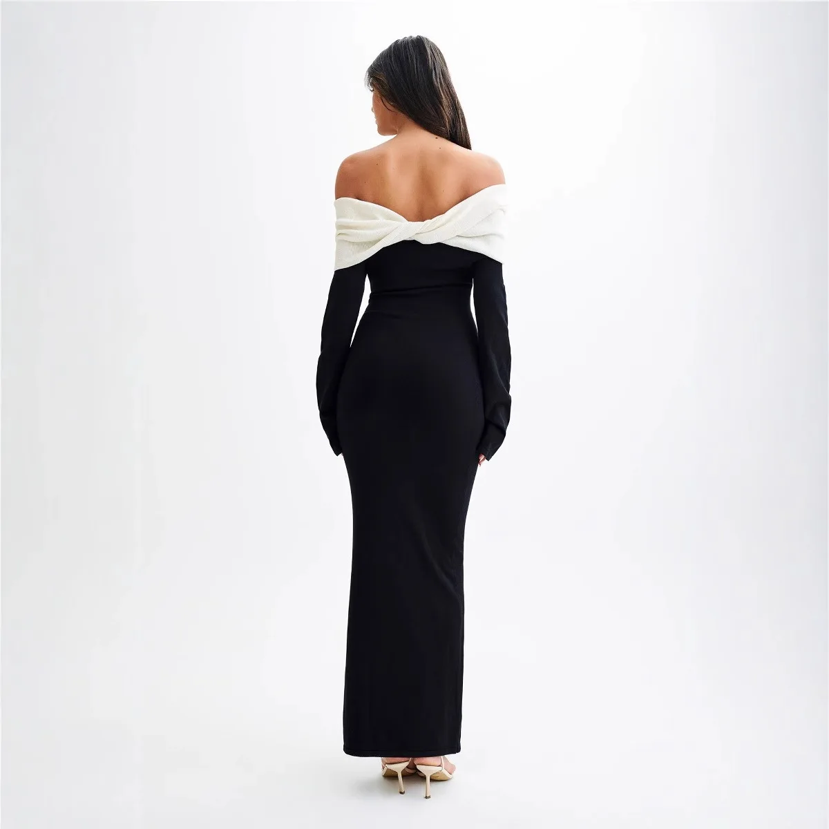 Moda francesa clássico contraste cor em camadas envoltório no peito manga longa magro quadril temperamento vestido longo