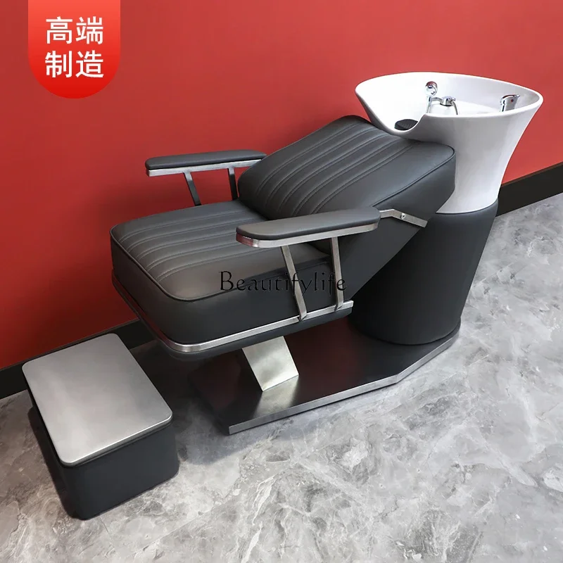 New Barber Shop Shampoo Chair Ceramic Deep Basin High-End Lying Half for Hair Salon Flushing Bed