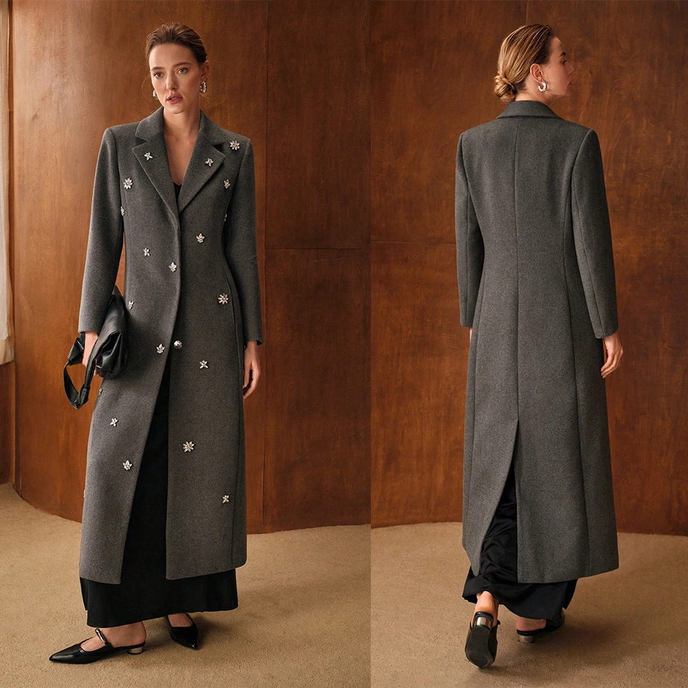 Woolen Crystal Women Long Blazer Double Breasted Lady Overcoat Slim Fit Coat Custom Made Only Jacket