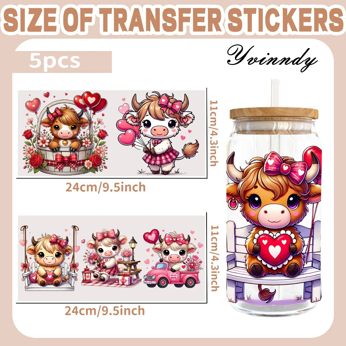 5 ชิ้น/ชุด แก้วลายวัวไฮแลนด์วาเลนไทน์ ขนาด 16 ออนซ์  แบบ UV DTF  ติดแน่นด้วยตัวเอง เหมาะสำหรับตกแต่งแก้วและขวด