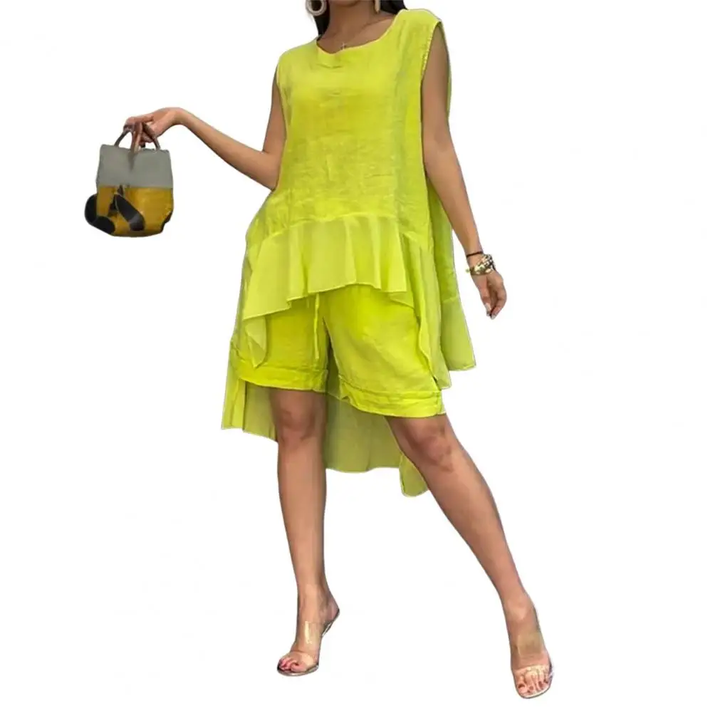 

Solid Color Outfit Women's Cotton Linen Two Piece Set with Irregular Ruffle Hem Top Drawstring Shorts