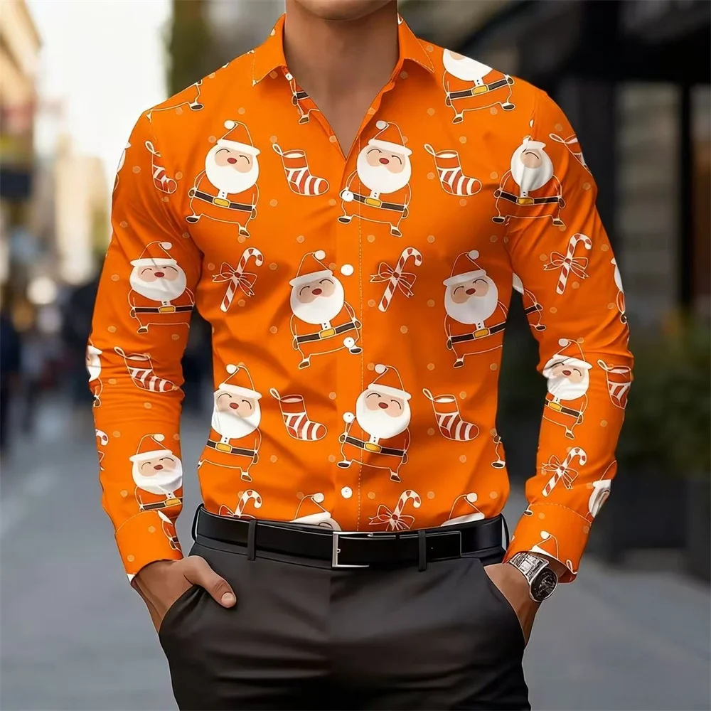 Christmas Long Sleeve Shirt Lapel Men's Button up Shirt Autumn Christmas Snowman 3D Print Long Sleevemen's Holiday Party Tops