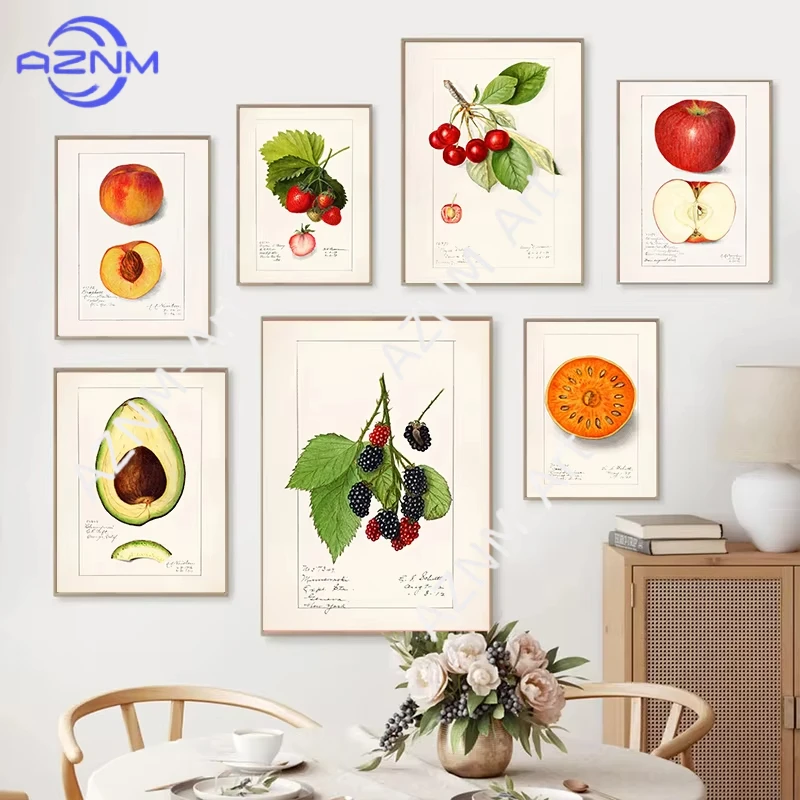 1 Stück Retro Obst Poster Avocado Erdbeere Skandinavisches Leinwandgemälde Wandkunst Poster Drucke für Küche Esszimmer Dekoration
