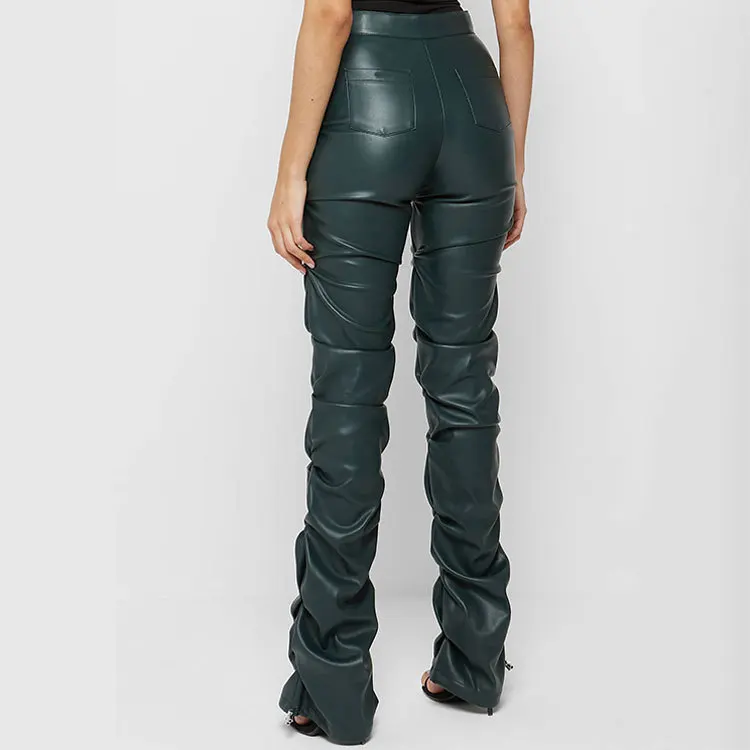 Fashion Trend 1PC Brown Faux PU Leather Pleated High Waist Stacked Pants Women Slim Hipster Street Style Long Trousers Female view 2