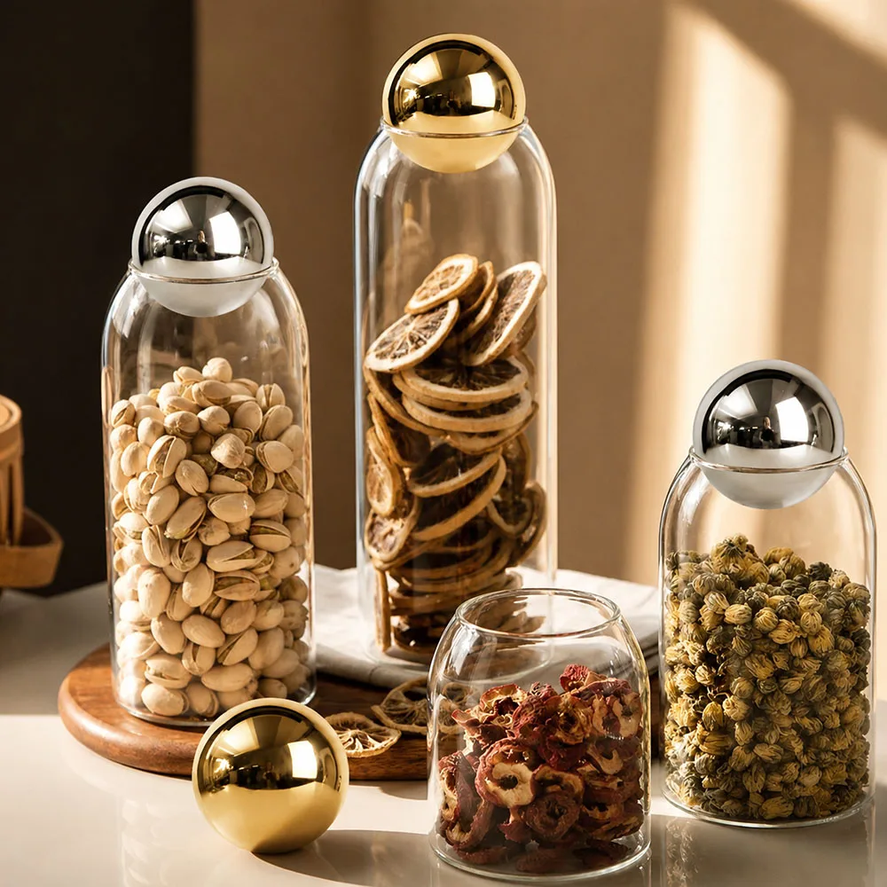 Golden Cork Cover Glass Storage Jar Kitchen Food Storage Container Coffee Bean Tea Can Sundries Storage Bottle Home Decoration