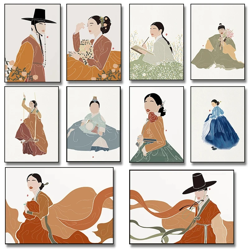 Koreanische Hanbok-Boho-Kunstposter und Drucke, Leinwanddruck, modernes, minimalistisches asiatisches Wandbild für Wohnzimmer, Heimdekoration, Geschenke