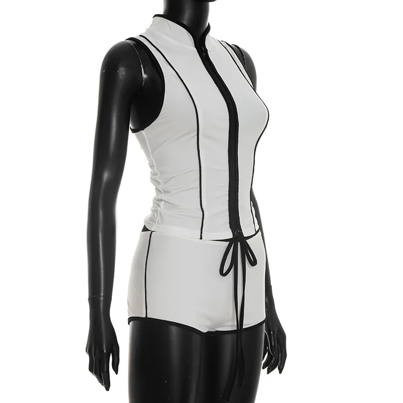 Summer New Spicy Girl Style Contrasting Color Zipper Top+Tight Shorts Two-Piece Set