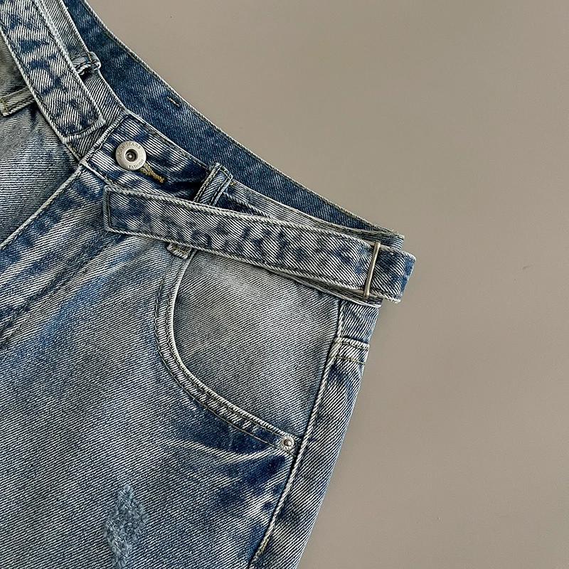 Short en jean Vintage pour femmes, taille haute, trous, droit, bleu, pantalon court, polyvalent, pour les déplacements, jambes larges, été