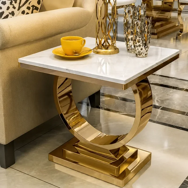 Light Luxury Marble Coffee Table for Living Room Simple Stainless Steel Small Tea Table Modern Side Table for Balcony Rental