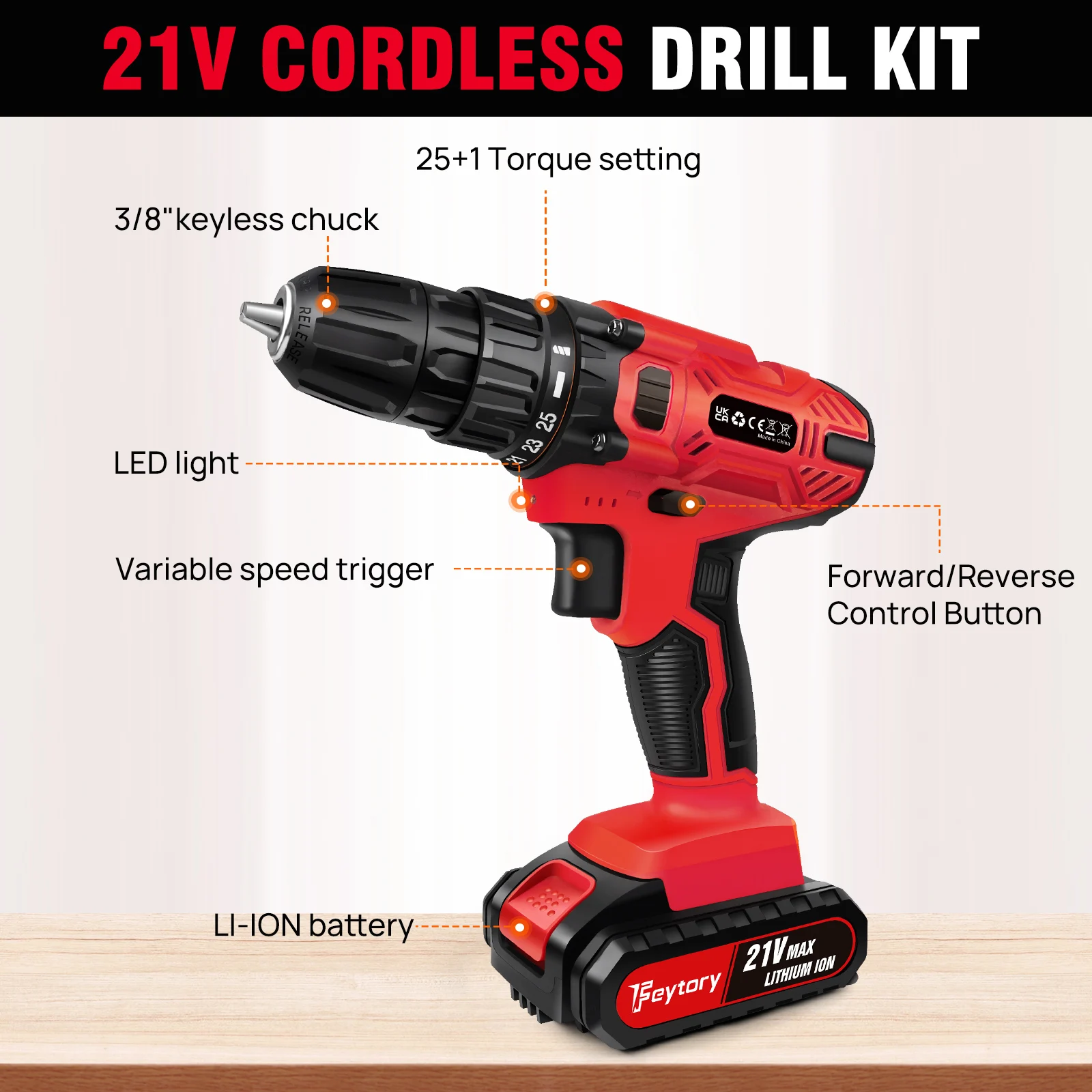 BRIEFNESS 21V Cordless Power Drill 1500mAh Battery Electric Drill Driver 25+1 Torque 45Nm Screwdriver Kit Combi Drill 3/8