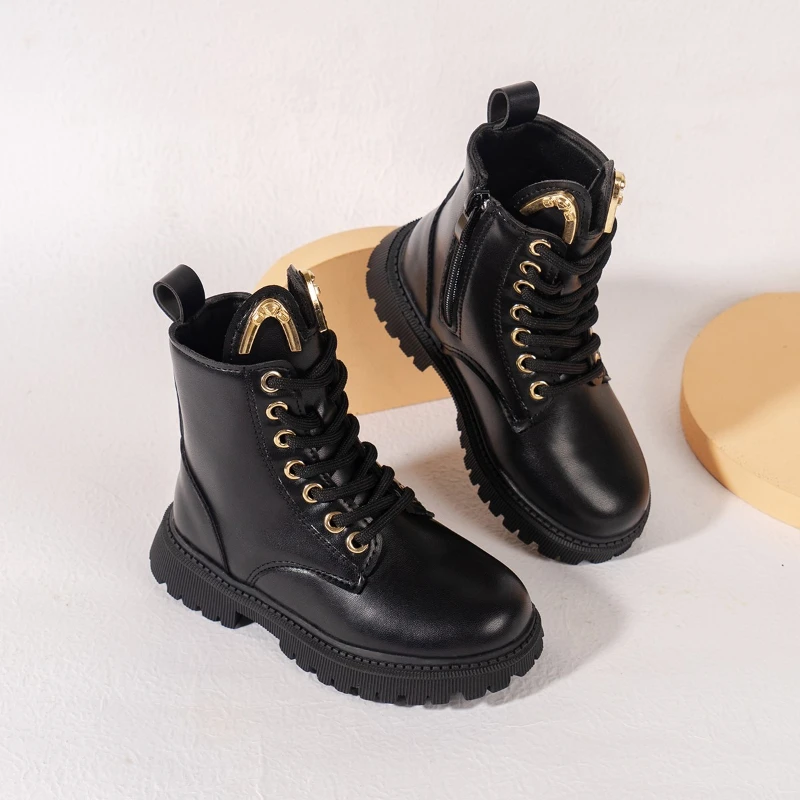 

Детские повседневные ботинки из искусственной кожи с черной молнией для мальчиков и девочек, детские ботильоны с перекрестной завязкой, противоскользящие, с круглым носком, мягкое качество