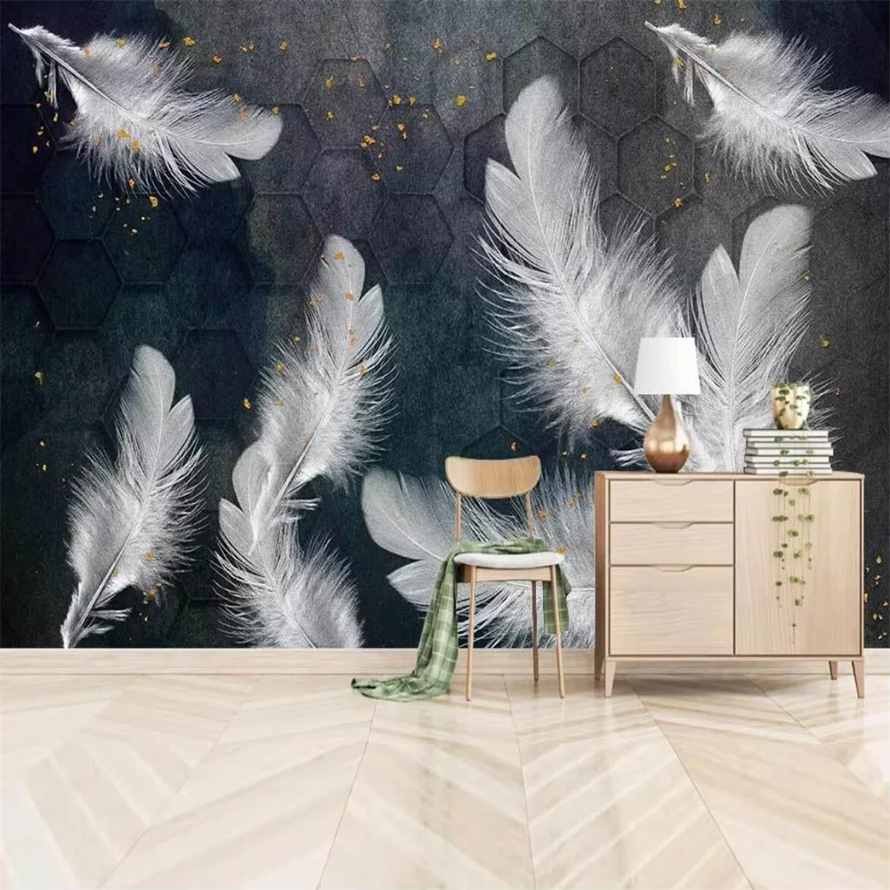 custom vintage white feather photo wallpaper for living room decoration wall paper home decor stickerskitchen decor 3D Stickers
