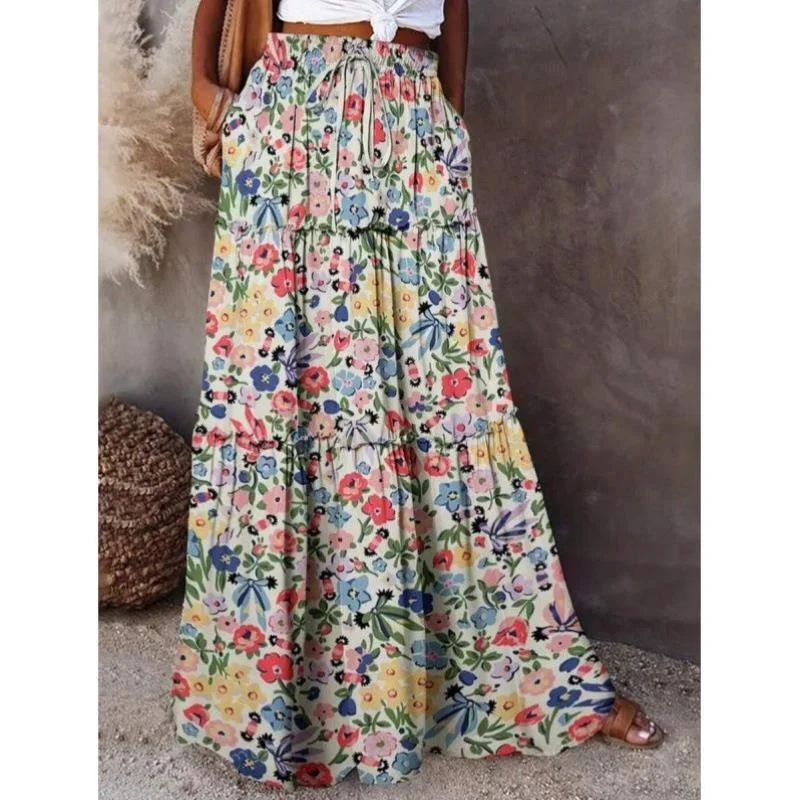 

New Women's Casual Floral Print Dstring Waist Skirt Comfortable Elastic Fiber Vintage Sle Ciwalk Nine Points Pants