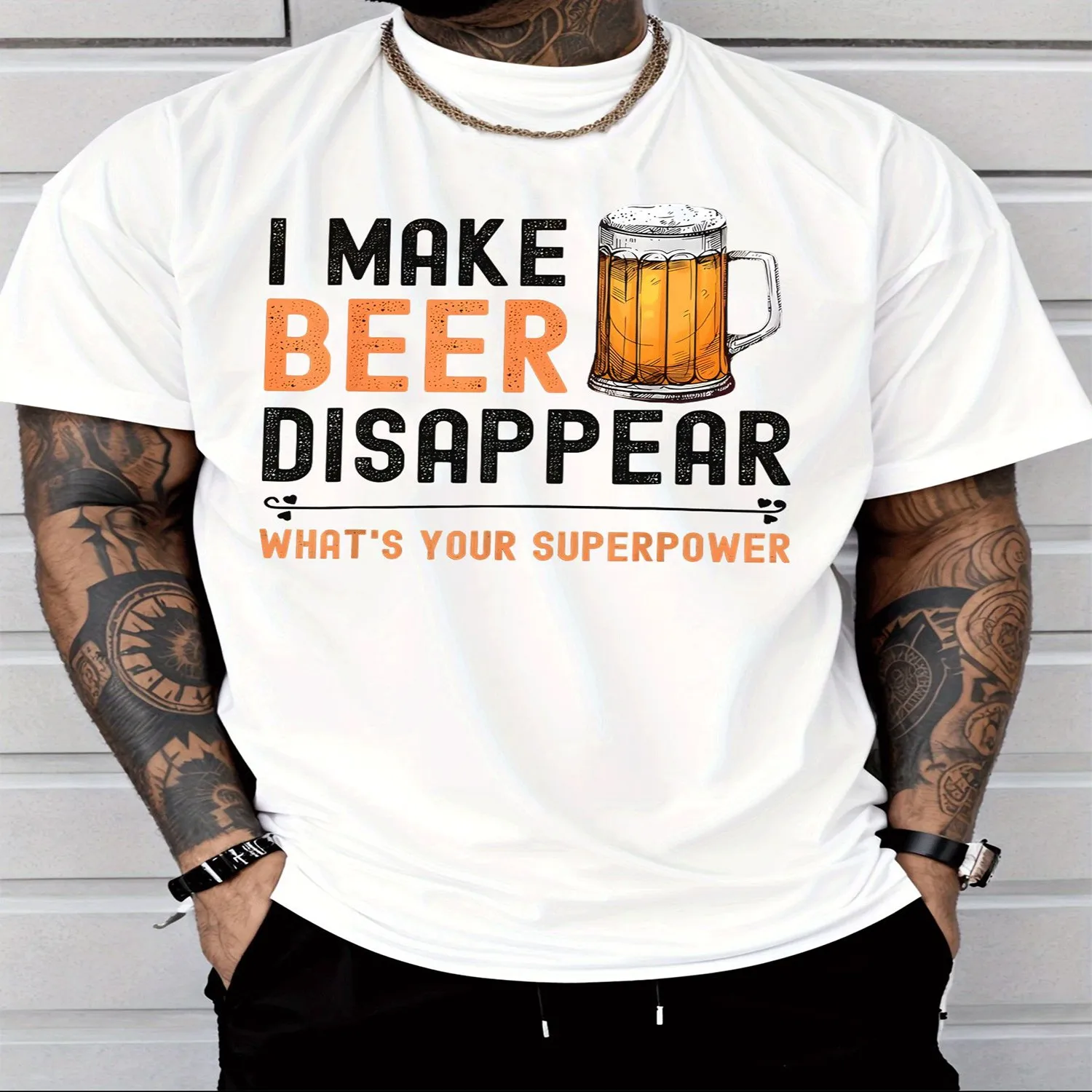 Men'S Casual T-Shirt Beer Mug Graphic _ I Make Beer Disappear What'S Your Superpower Funny Slogan _ Fashion Adult Casual Wear Gift _ Regular Fit, Crew Neck, Short Sleeve, Slight Stretch Fabric Gift for him, Retro graphic tee