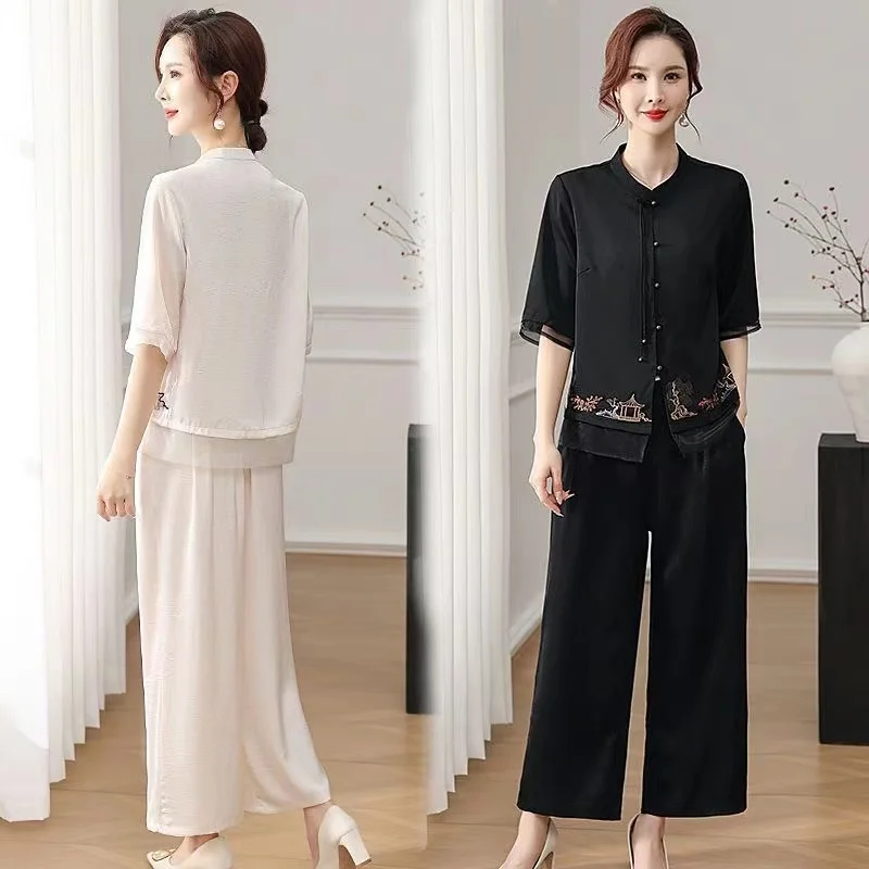 2024 Summer New Mid-Sleeve Chiffon Shirt Top Suit Women National Style Stand Collar Short-Sleeve Elegant Lady Chic Two-Piece Set